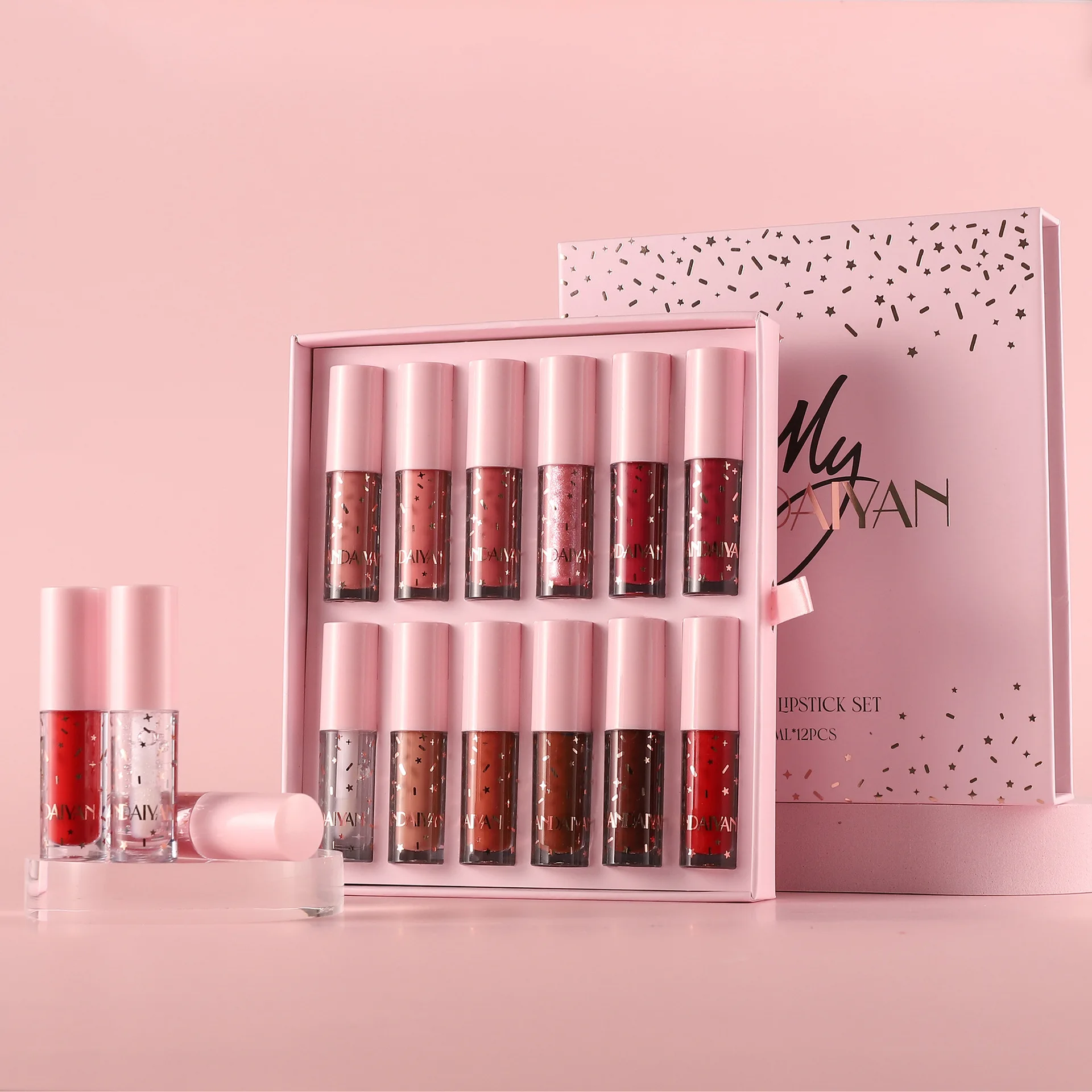 12 pçs/caixa fosco & hidratante conjunto de brilho labial lábios maquiagem batom líquido nebuloso & óleo labial transparente kit cosméticos à prova dwaterproof água