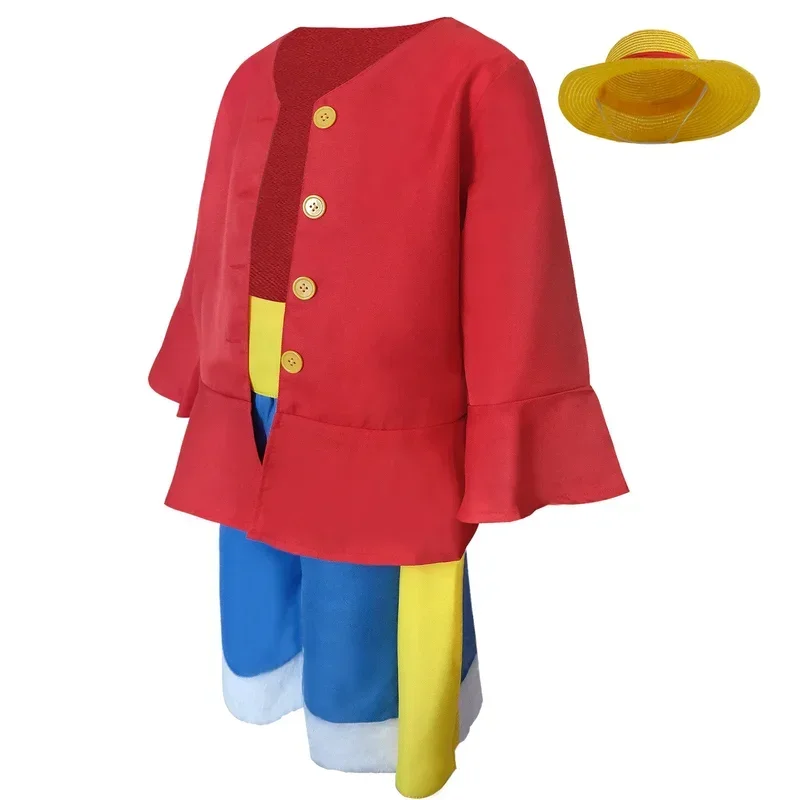 Movie Monkey D Rufy Cosplay Costume Anime Kids Uniform Straw Hat Pants Red Top Full Set Halloween Carnival Party For Men Women