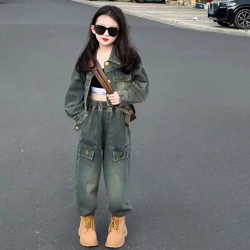 Kids Girls Denim Clothes Suits European American 2024 New Long Sleeved short Jacket+ Jeans 2pcs Children Girl Set Outfit 3