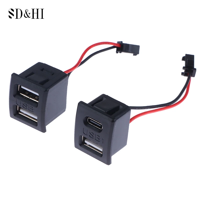 1Pc USB Female Base Type-C Black Double-Layer Socket USB A Female Lamp Charging Socket Power Socket With Cable Connector