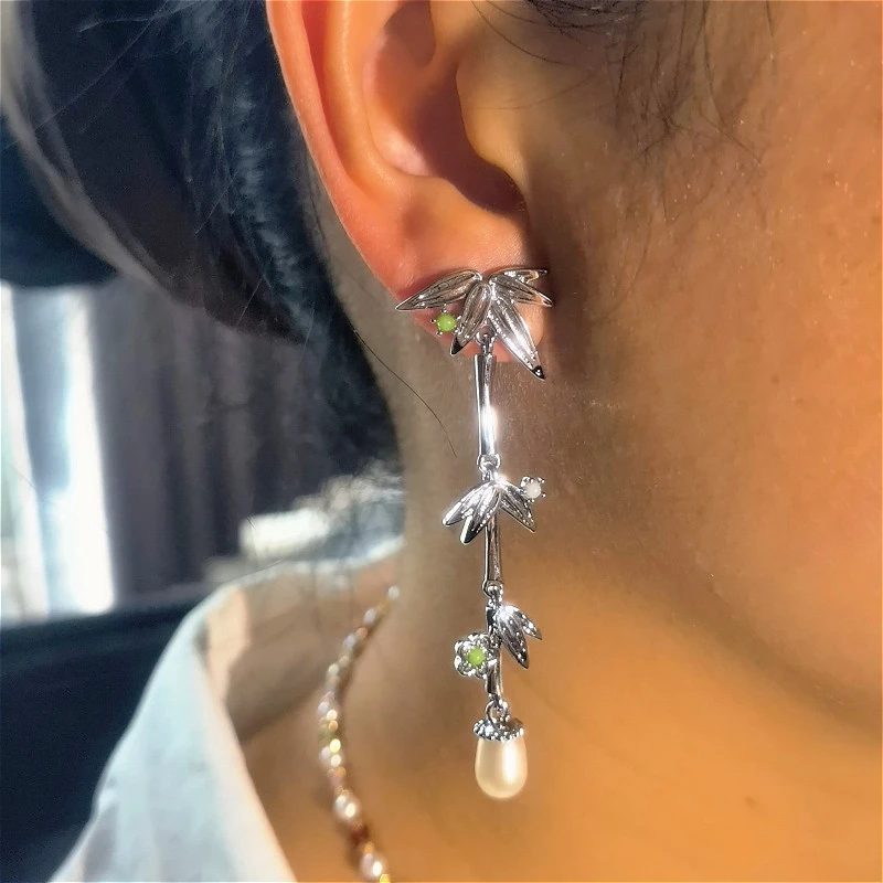 

Pearla&Dan earings Elegant Bamboo Stud Earrings Natural Freshwater Pearl Korean Japanese Style earings Long Leaf Earrings earing