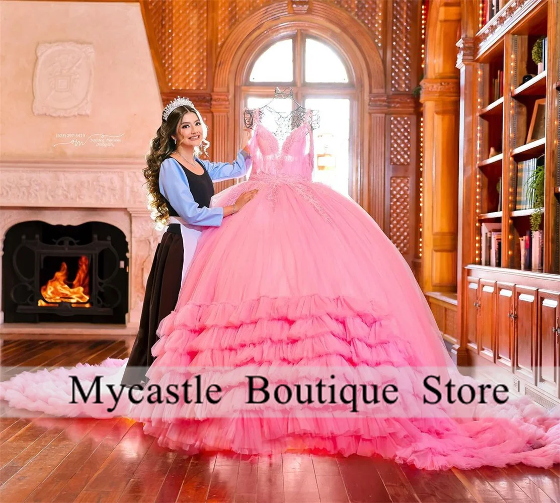 Pink Tulle Beaded Quinceanera Dresses Ball Gown 2025 Lace Appliques Ruffled Sweet 16 Dress Customized Vestidos De XV Años