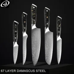 Damascus Knife Set VG10 67 Layers Forged Into Grain High Hardness Carbon Fiber Gold Leaf Resin Handle Chef Santoku Boning Knife