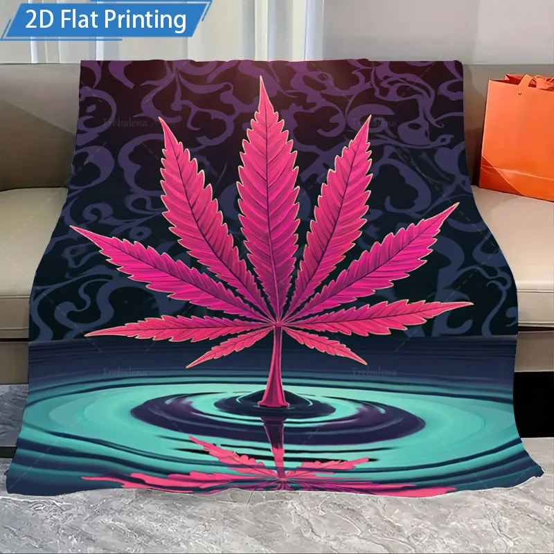 1pc Flannel Blanket Psychedelic Pink Weed Leaf Blanket, Water Ripple Design, Boho Home Decor