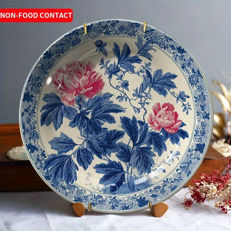 1pc Blue and White Ceramic Decorative Plate with Hand-Painted Red Floral Pattern, Non-Food Contact Home Wall Decoration Plate