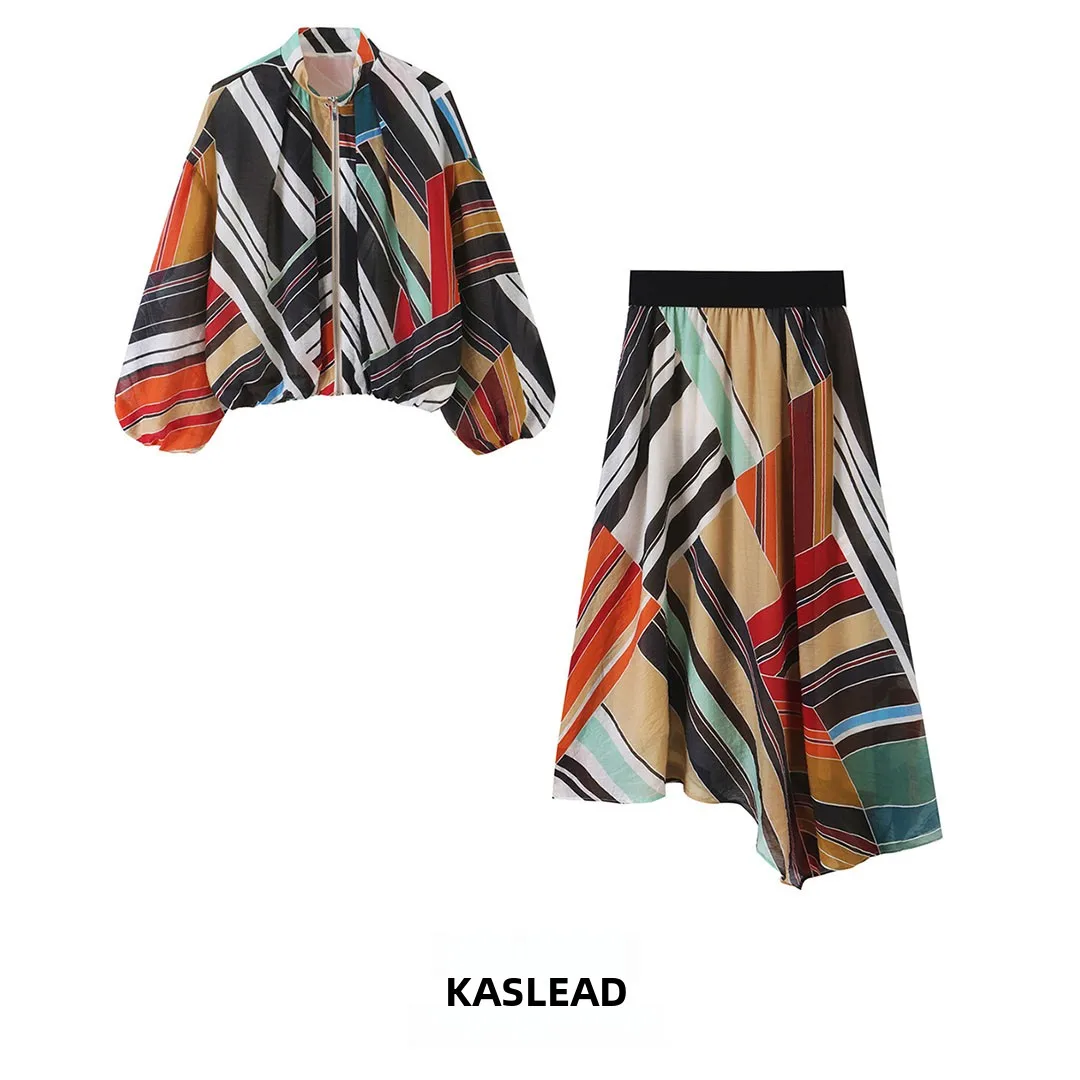 KASLEAD New Women's Pilot Jacket Coat Midi Skirt Set Long Sleeve Mid-Length Autumn Fashion Outfit Striped Pattern