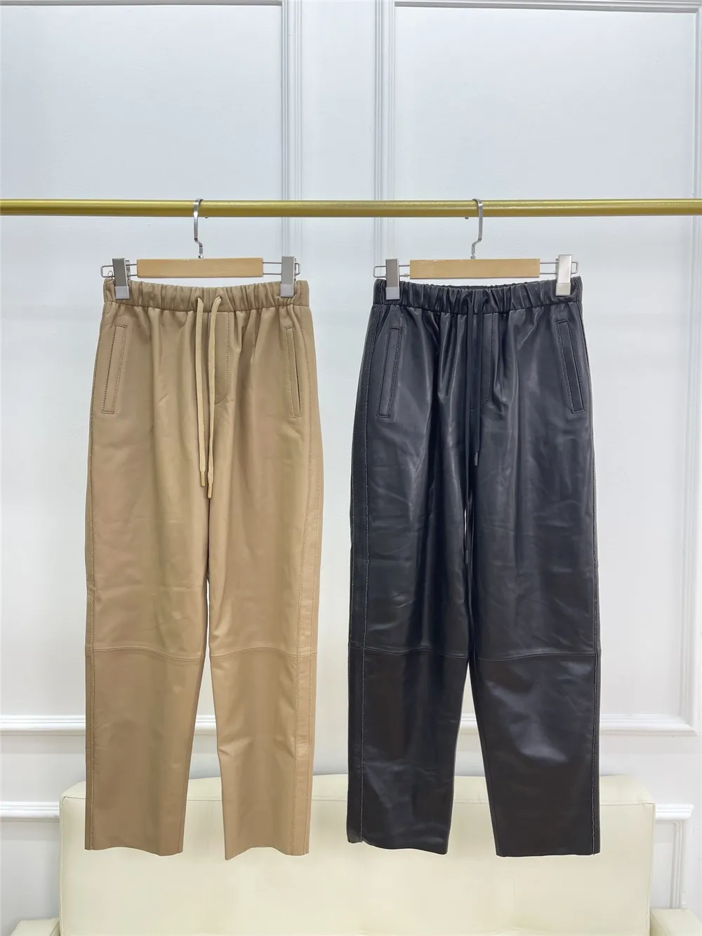 Imported Sheepskin Skinny Pants For Women Elastic Waist Casual Harem Leather Trousers