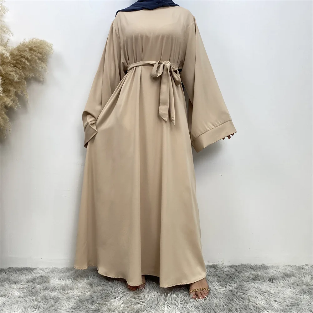 ผู้หญิงมุสลิมตะวันออกกลางดูไบสีทึบ LACE-Up ชุด Abaya หลวม Robe ตุรกียาวแฟชั่นชุด