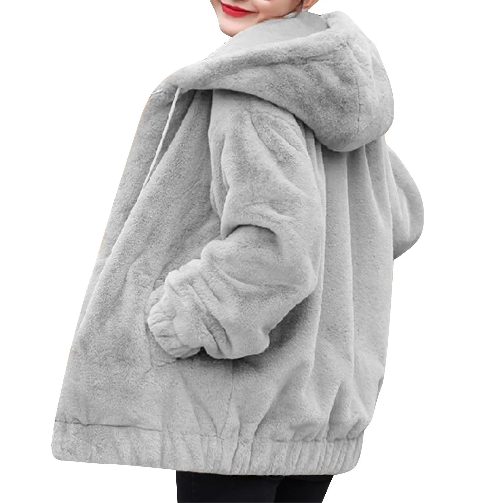 Plush Faux Rabbit Hooded Pocket Jacket For Women\'S Loose Plush Long Sleeved Women\'S Top Chaqueta Mujer Roupas Femininas пальто