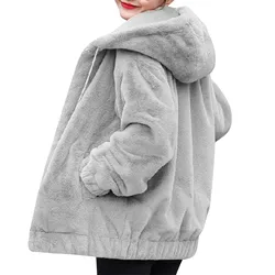 Plush Faux Rabbit Hooded Pocket Jacket For Women'S Loose Plush Long Sleeved Women'S Top Chaqueta Mujer Roupas Femininas пальто