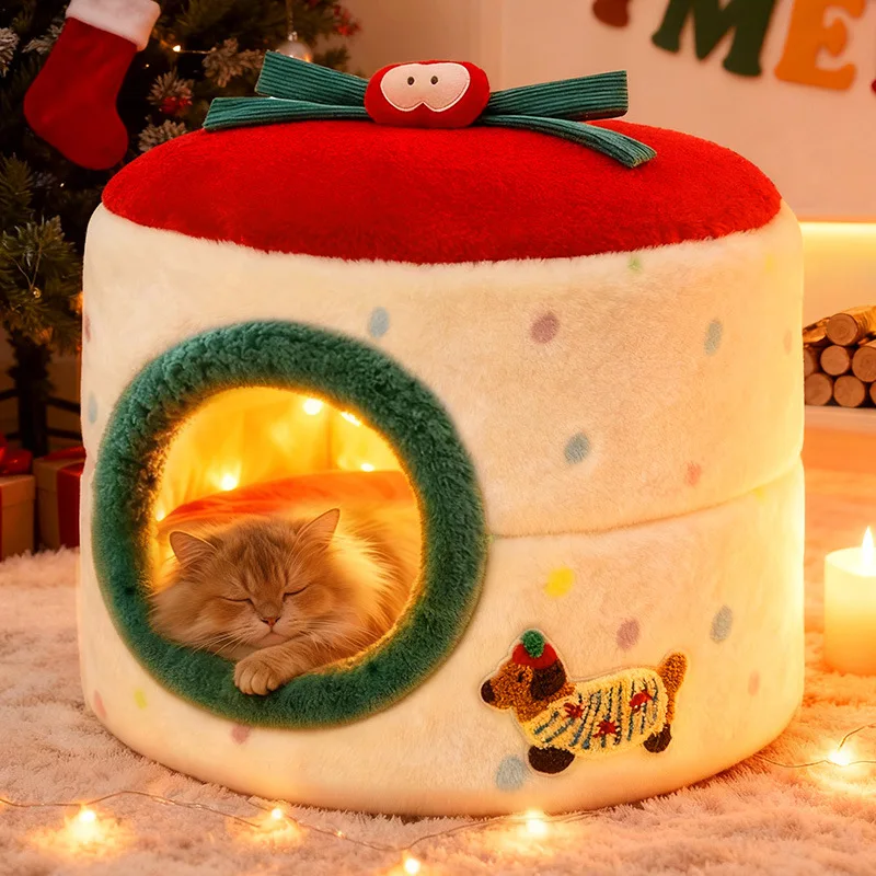 

Рождественский кошачий домик, зимнее теплое утолщенное закрытое гнездо для собаки, морозостойкий кошачий домик, плюшевая палатка, гнездо для сна, зимние товары для домашних животных