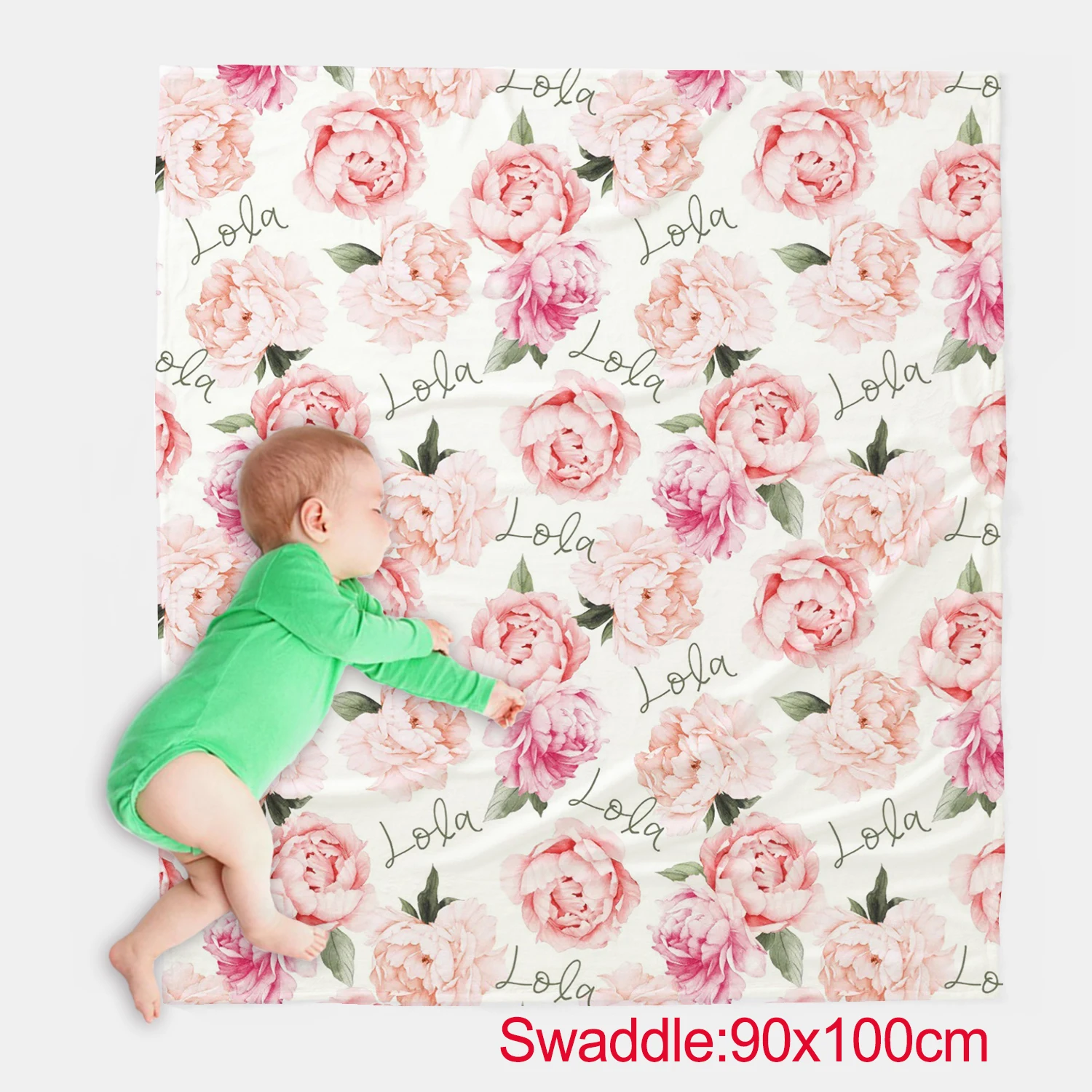 UOOPOO Personalized Name Swaddle Blanket Peach Peony Blooms, Baby Hat, Bow, Pillowcase, Baby Swaddle, Baby Blanket