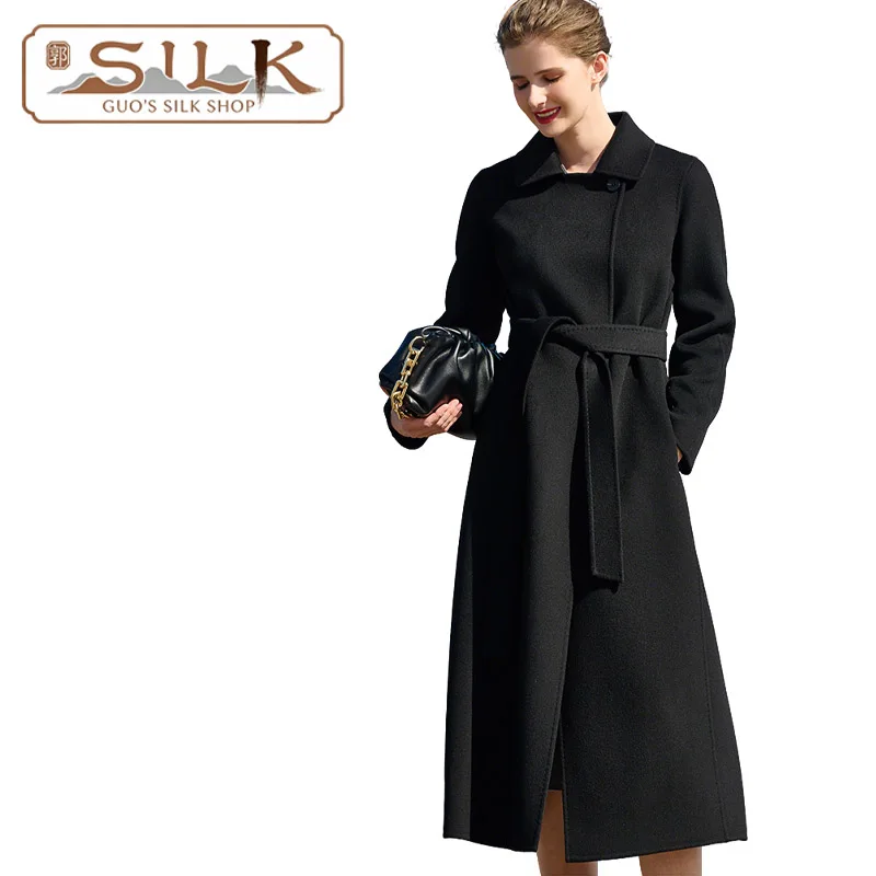 

Элегантное двустороннее кашемировое женское пальто в стиле Хепберн — модное пальто средней длины для делового повседневного образа в городском стиле