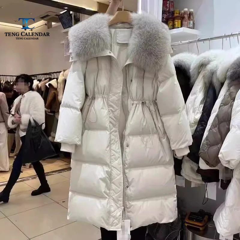 여우털 칼라 다운 재킷, 중간 길이 허리 조임 및 슬림핏 무릎 아래 두꺼운 재킷, 여성용 2025 겨울 신상