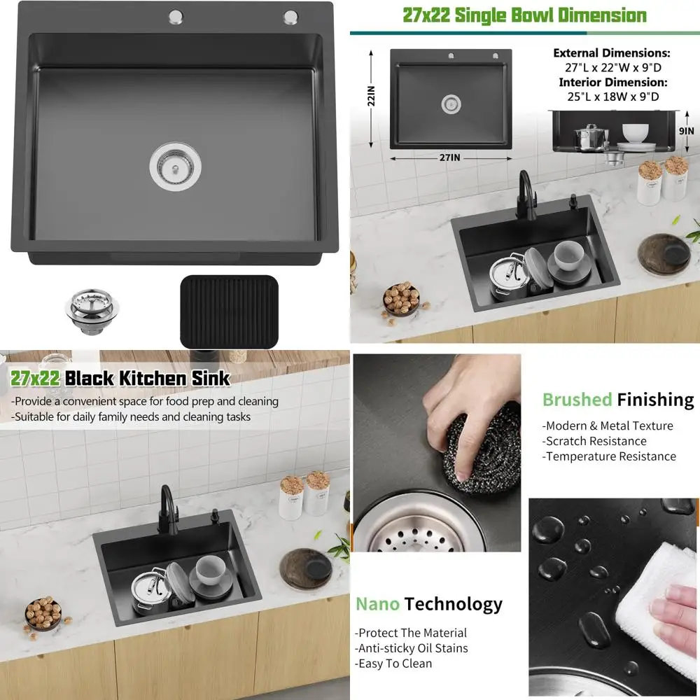 

Stainless Steel 27x22 Inch Modern Single Bowl Kitchen Sink with Topmount Design for Large Kitchens and Bars, Including Silicone