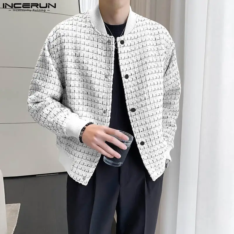 

Handsome Well Fitting Tops INCERUN New Men Jackets Casual Party Hot Selling Plaid Collarless Long Sleeved Cardigan Jackets S-5XL