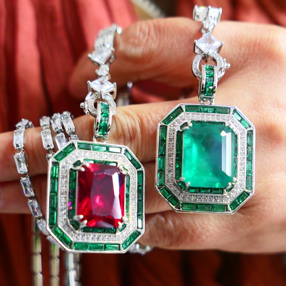 KQDANCE obdélník 12*16mm laboratoře zelená klenot smaragd červený rubín diamant přívěsky zirkon tenis běžící pás řetízek luxusní šperků pro ženy