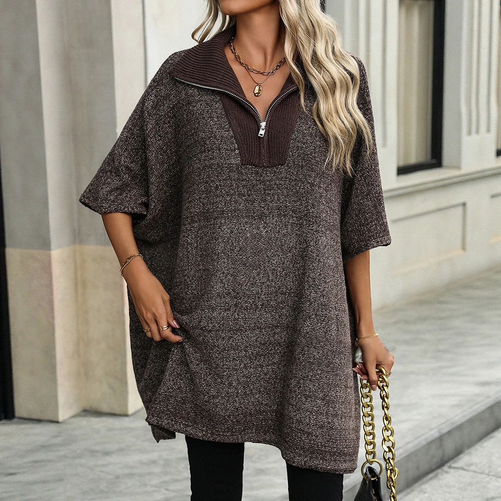 

Женский свитер на молнии с длинными рукавами и лацканами, осенне-зимний модный стиль, женский модный длинный свитер