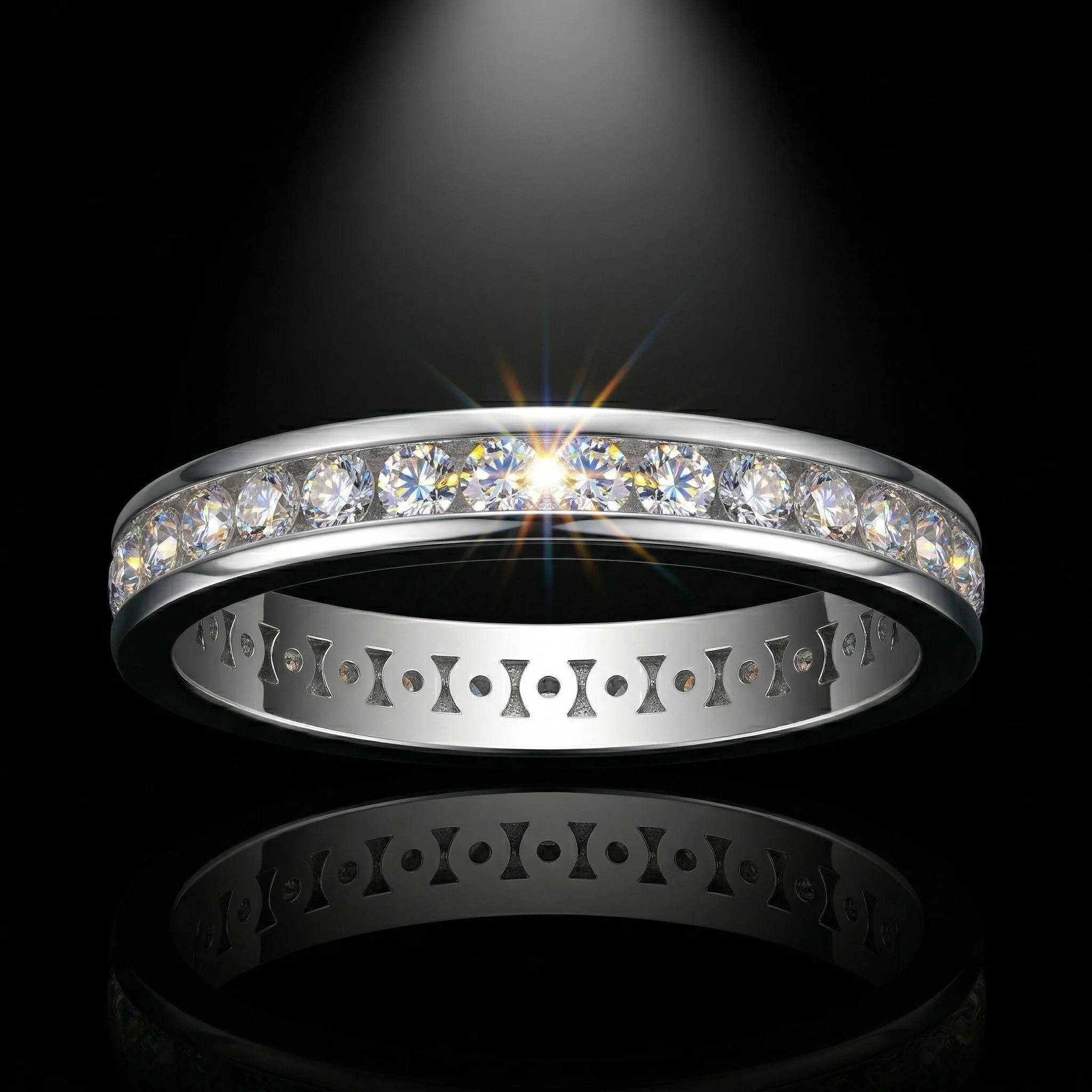 

Single Row Full Eternity Moissanite Ring, 925 Silver, D Color VVS1, 0.84ct Channel Set, Stackable Women's, w/ Cert