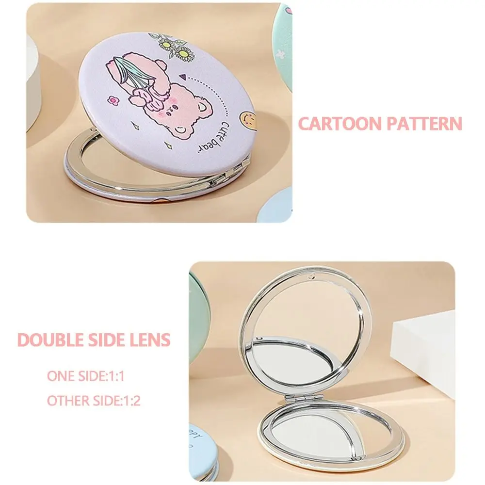 Mini Cartoon dupla face PU espelho para mulheres e meninas, espelho de maquiagem portátil, Cute Little Rabbit Cosmetics, espelho estudantil