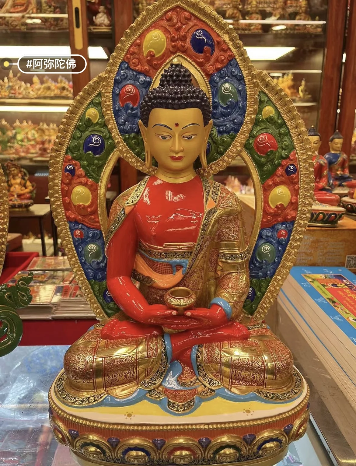 36cm large Buddhism TOP grade color Painted copper Shakyamuni Amitabha the Medicine Buddha statue Worship efficacious protection