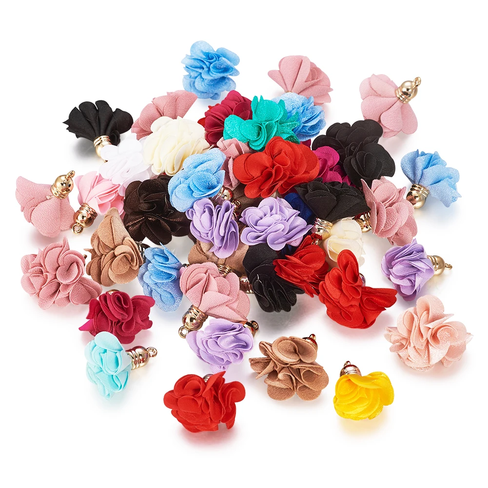 50pcs Cloth Flower Charms Fringed Tassel Pendant with Acrylic Findings Mixed Color for Women Dangle Earrings Necklace Decoration