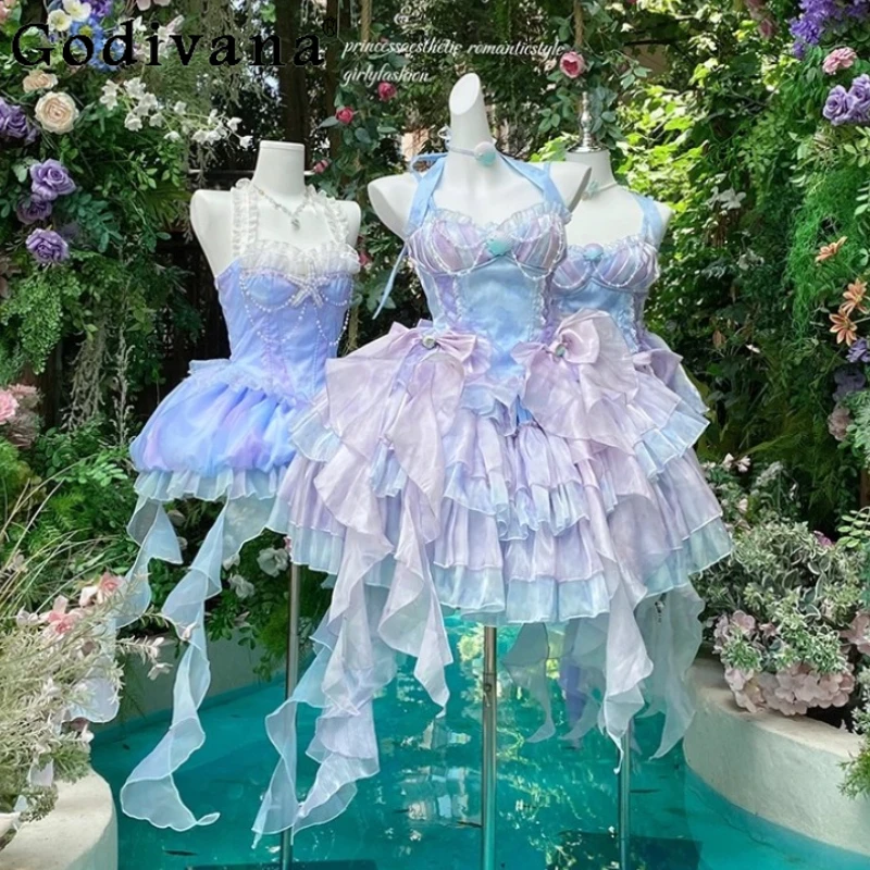 

Summer Sweet Off-Shoulder Halter Mini Dress Girls Women High Waist Slim Lolita Style Sleeveless Fairy Dresses Vestidos De Mujer