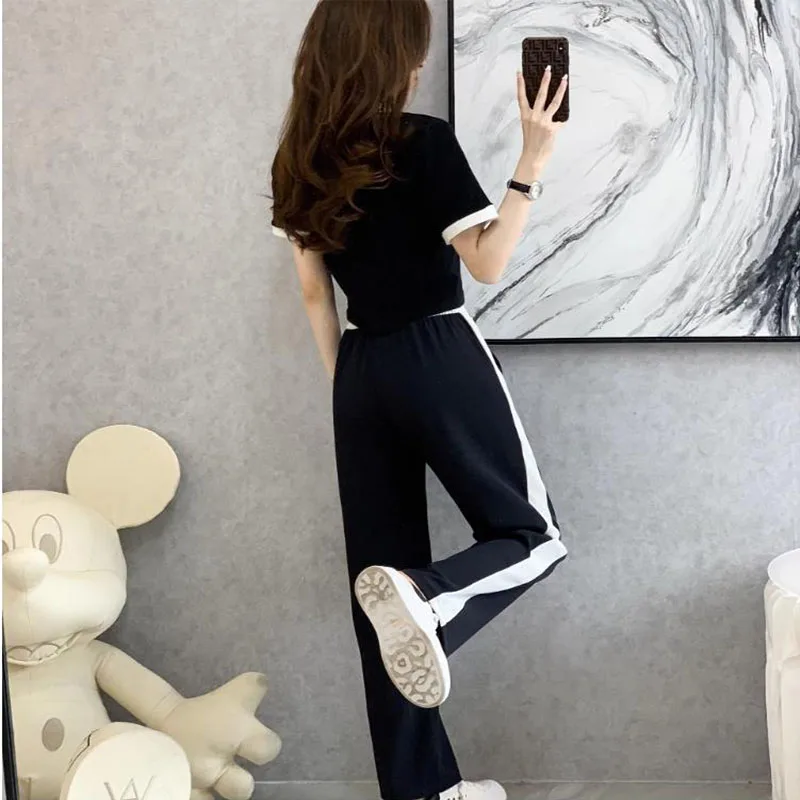 Women Casual Tracksuit Short Sleeve T-shirts+Wide Leg Pants 2Pcs Sets Chic Streetwear Loose 2024 Summer Ladies Fashion Outfits