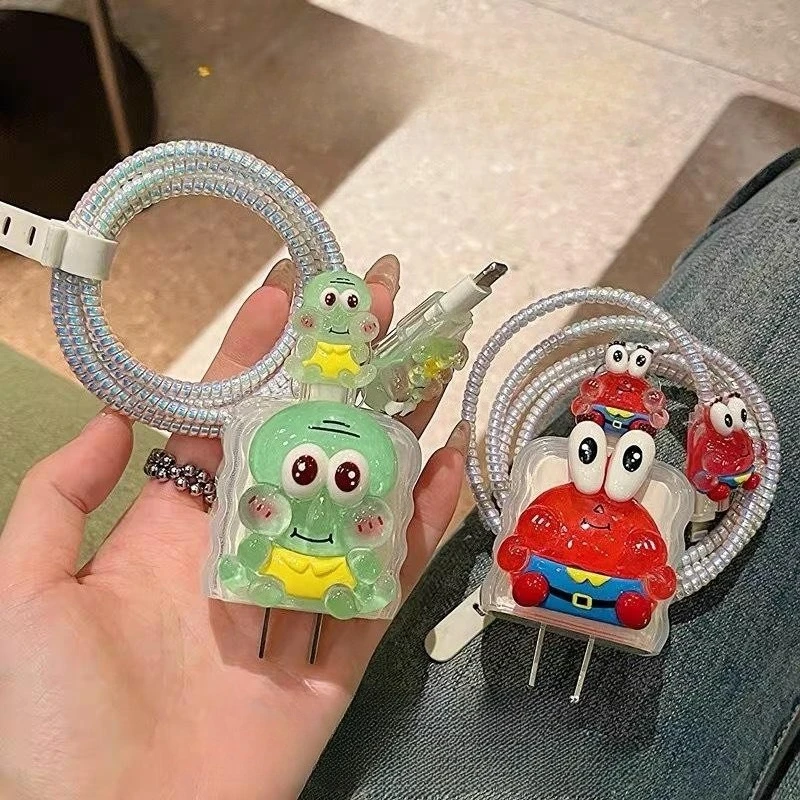 Cute SpongeBob Data Cable Protective Cover for iPhone 20W 18W Anime Fashion Charging Head Protection Sleeve Bag