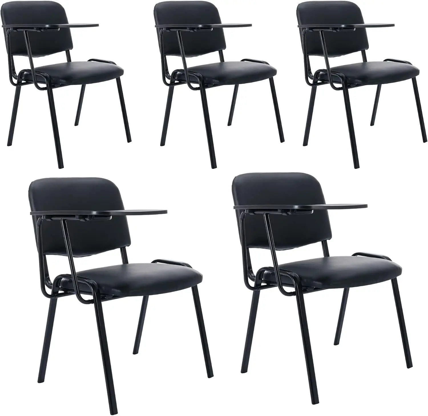 5-Pack Stackable Office Guest Reception Chairs in Black PU with Flip-Up Tablet Table, Tablet Arm Seating for Classroom Training