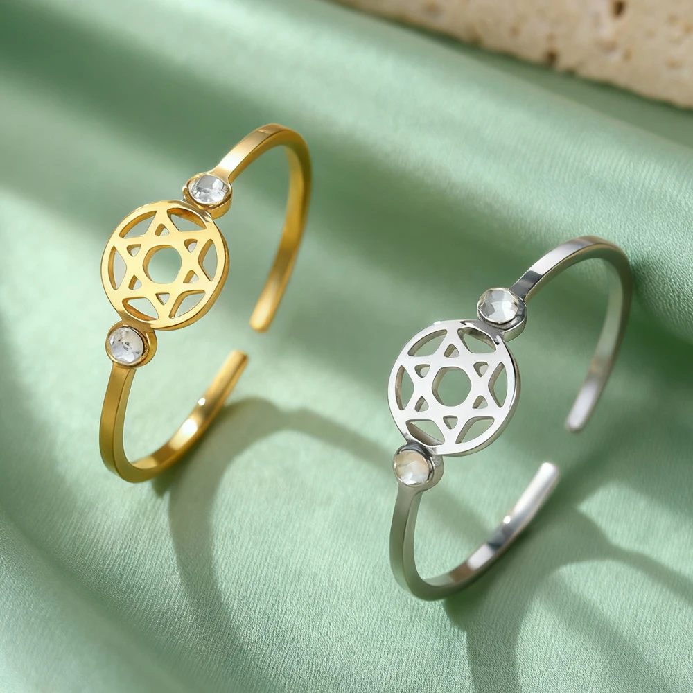 Dawapara Star of David Adjustable Ring Zircon Hexagram Minimalism Sacred Geometry Ring Stainless Steel Jewelry Valentine's Day