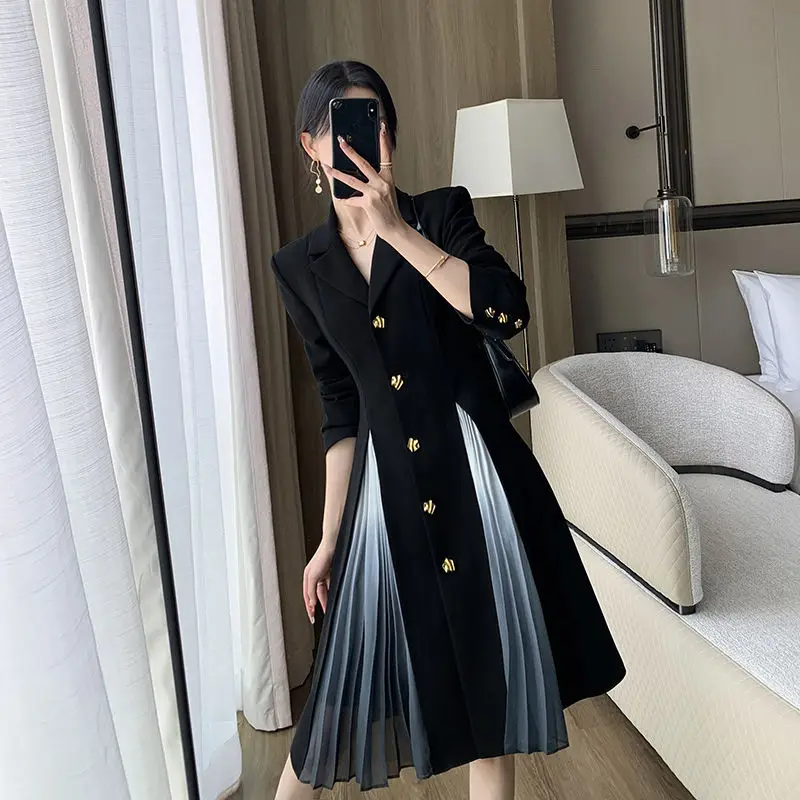 Women Spring Autumn Simplicity Office Lady Solid Color Long Sleeve Midi Dress Ladies Temperament All-match Trend A-line Skirt