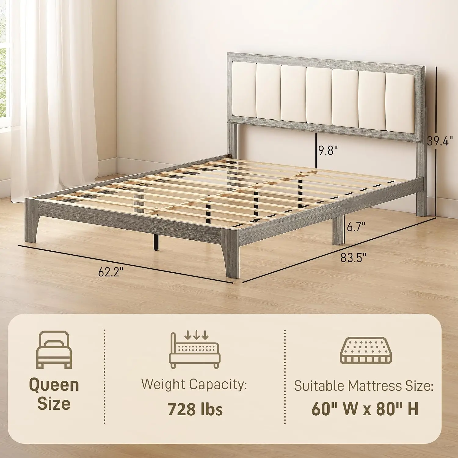 Upholstered Queen Platform Bed Frame with Wooden Slats, No Box Spring Needed, Easy Assembly, Customized