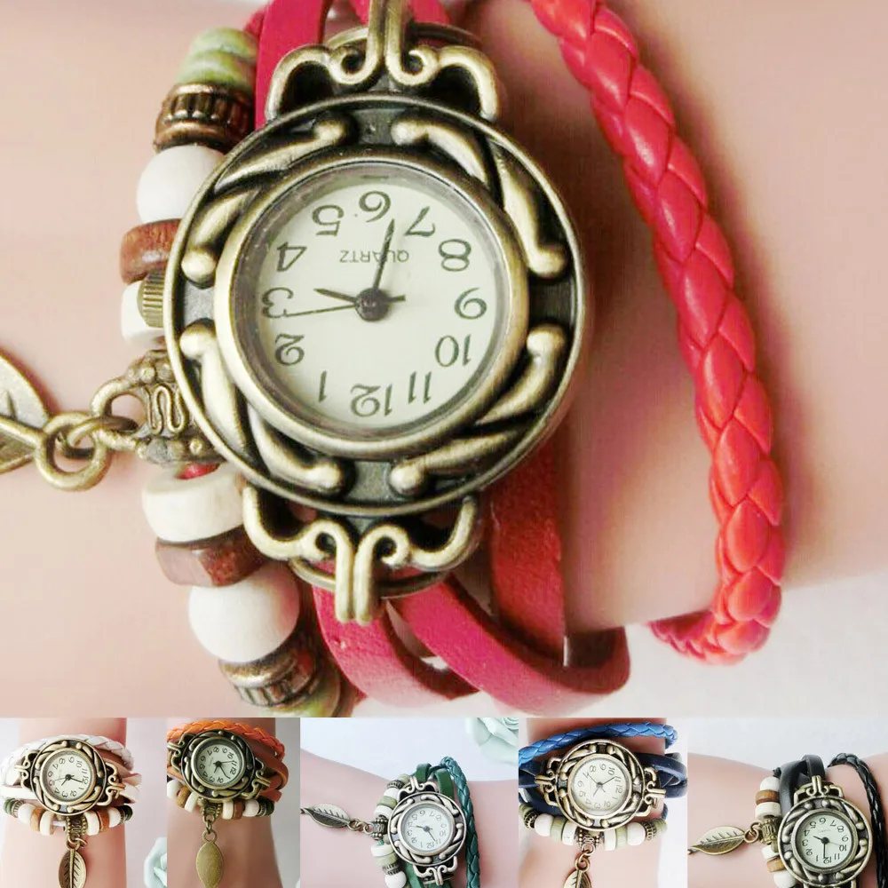 Fashion Women Watches Retro Leather Winding Bracelet Leaf Pendant Watch Casual Quartz Wristwatches Reloj Mujer