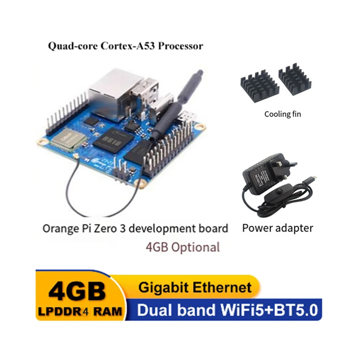 Per Orange Pi Zero 3 4GB RAM Computer a scheda singola H618 Chip Wifi-BT5.0 LPDDR4 Gigabit scheda di sviluppo Set spina UK