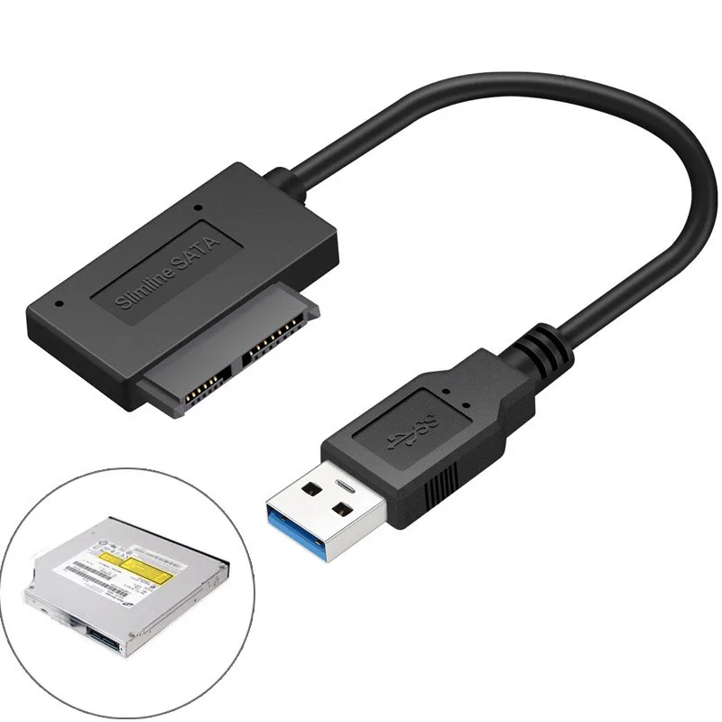 USB 3.0 to 7+6 13pin Slimline SATA Adapter Cable 5Gbps for Laptop CD/DVD ROM Optical Drive No External Power Required