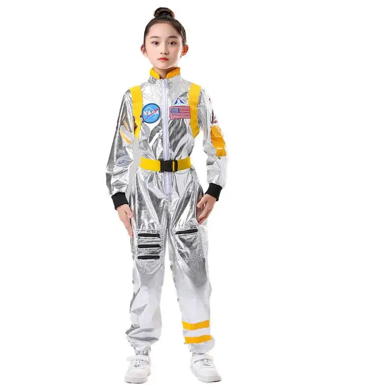 Kostium kosmonauty, strój astronauty, przebranie pilota, strój na Halloween, odzież sceniczna, strój na wystawę szkolną, modelka.
