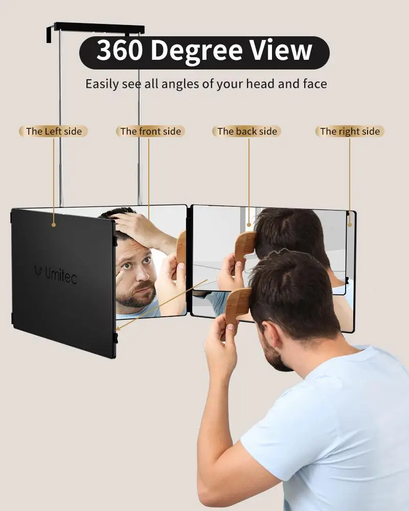 Adjustable LED Light 3 Way Mirror Portable Trifold Folding Hanging Vanity Mirror 360 Degree Viewing Self Haircut Barber Tool for Shaving Grooming Hair Styling Dyeing Makeup Braiding
