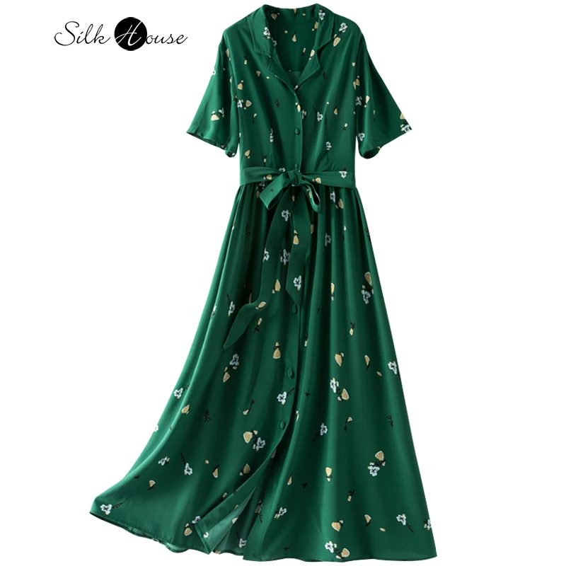 

2023 Women's Summer New Style Suit Collar Silk Dress Loose Waist 100%Natural Mulberry Silk Short Sleeve Fragmented Flower Dress