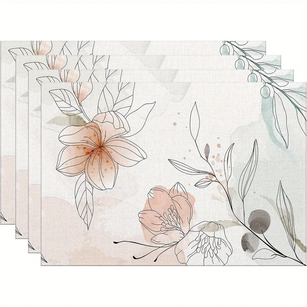 

4pcs Floral Pattern Table Mats Style pattern linen placemat, 12 x 18 Inches, Washable Table Mats for Home Decor