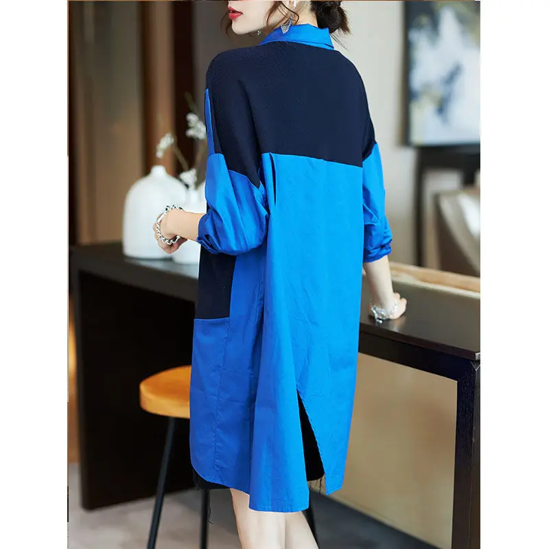 Contrasting Colors Spliced Fashion Midi Shirt for Women Casual Streetwear All-match Long Sleeve Split Irregular Polo-Neck Blouse