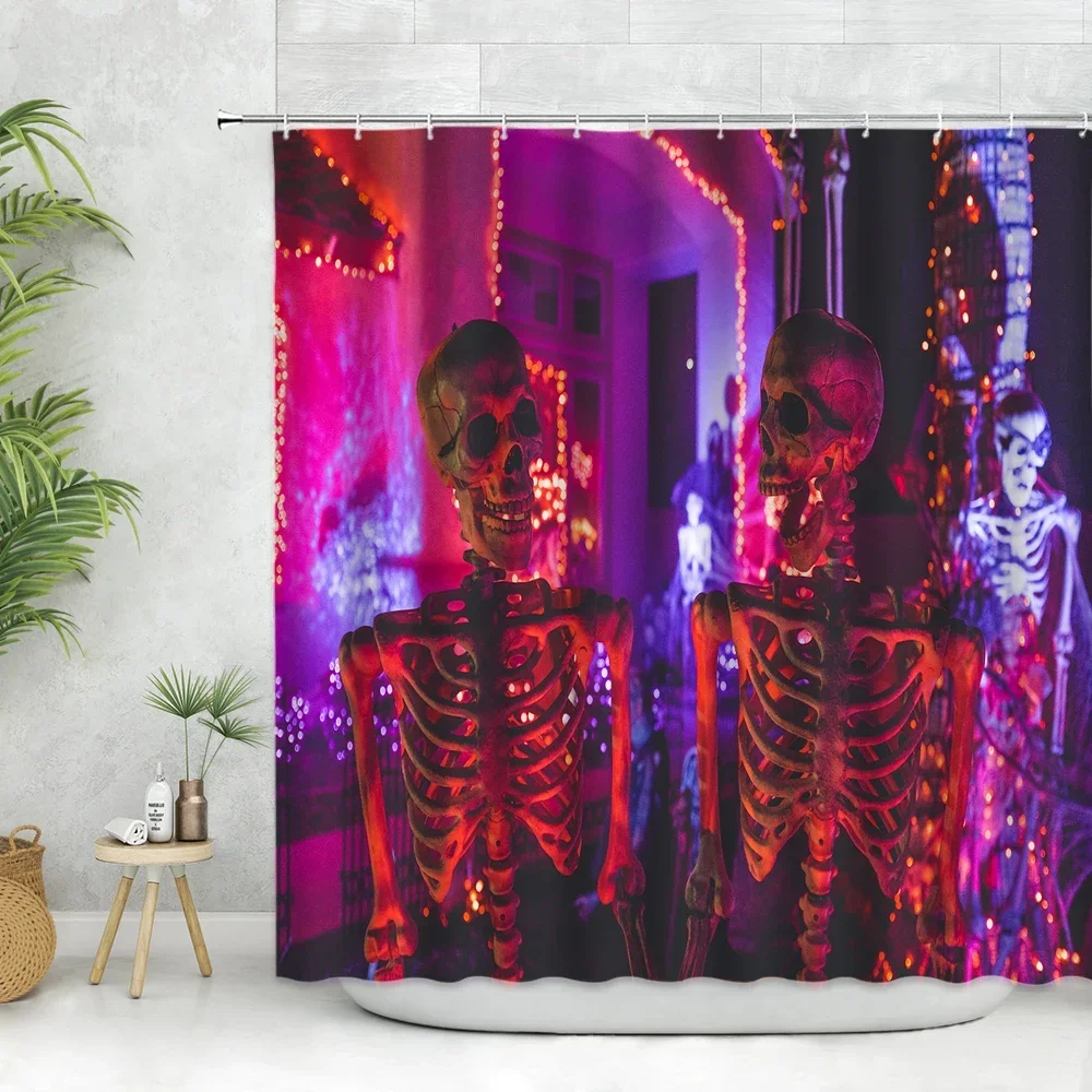 Skull Shower Curtain Halloween Theme Bathroom Decoration Pumpkin Bat Pattern Bathroom Curtain Polyester Fabric Hook Washable