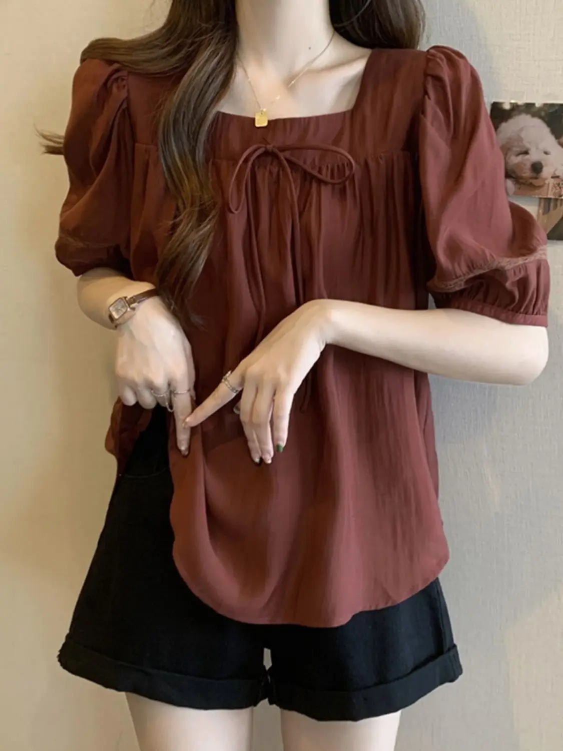 French Square Collar Puff Sleeve Chiffon Shirt for Women Short-sleeved Summer Large Size Loose Top