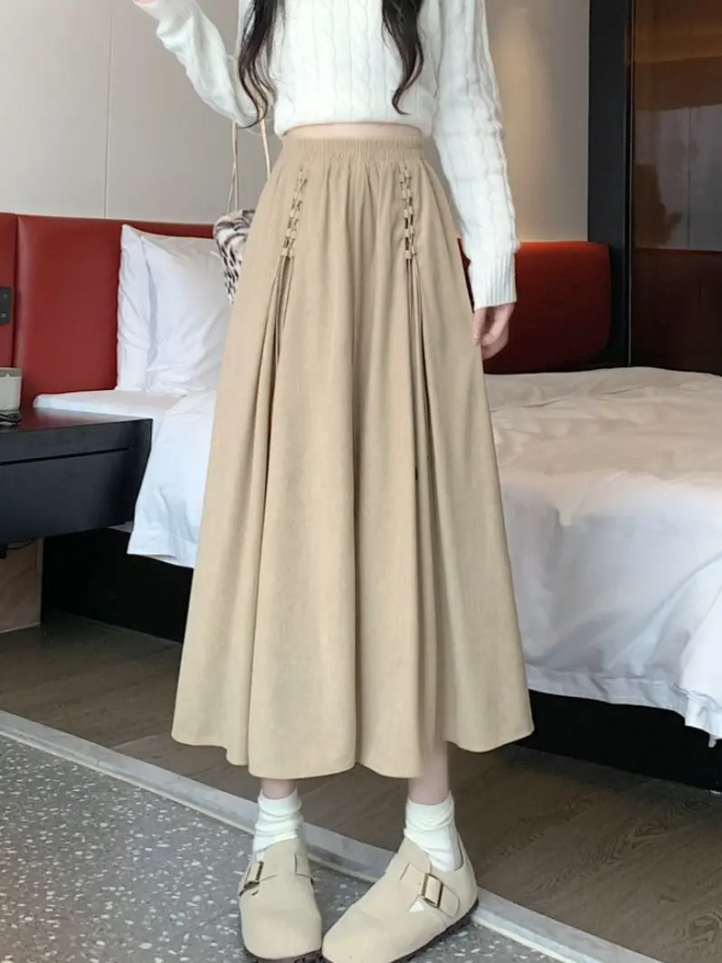 Corduroy Half length Skirt for Women High Waist Hanging Middle Long Skirt Coffee Color A-line Large Swing Skirt