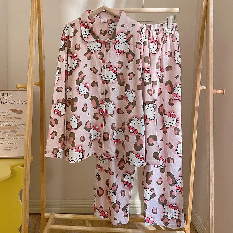 Cute Sanrio Hello Kittys Pajamas Kawaii Anime Cotton Pink Leopard Printed Home Long Sleeved Cartoon Pajama Set Toys Girl Gifts