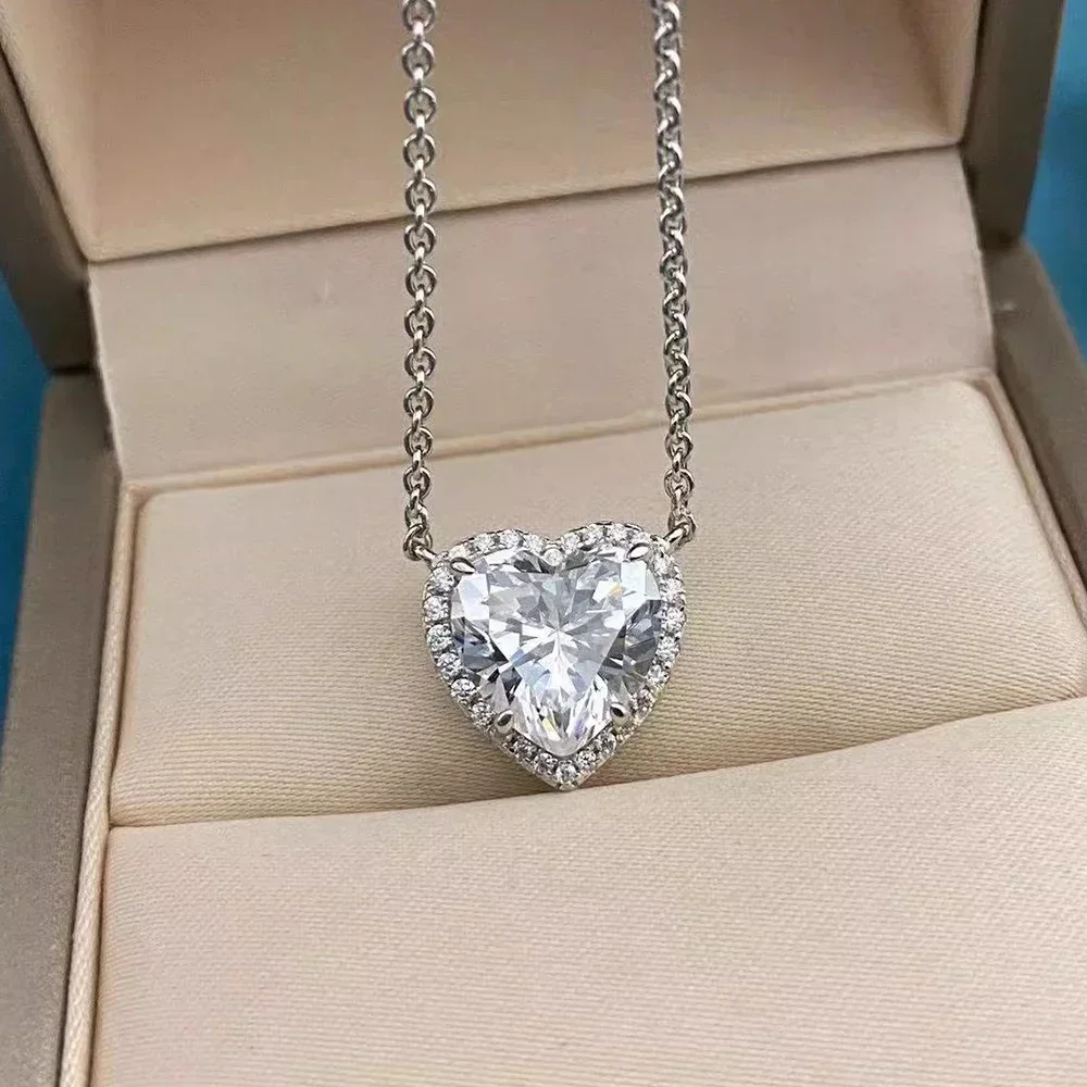 1-4CT Full Moissanite Pendant Necklace with Gra Certificates Heart Cut Halo Diamond Necklaces for Women 925 Silver Fine Jewelry