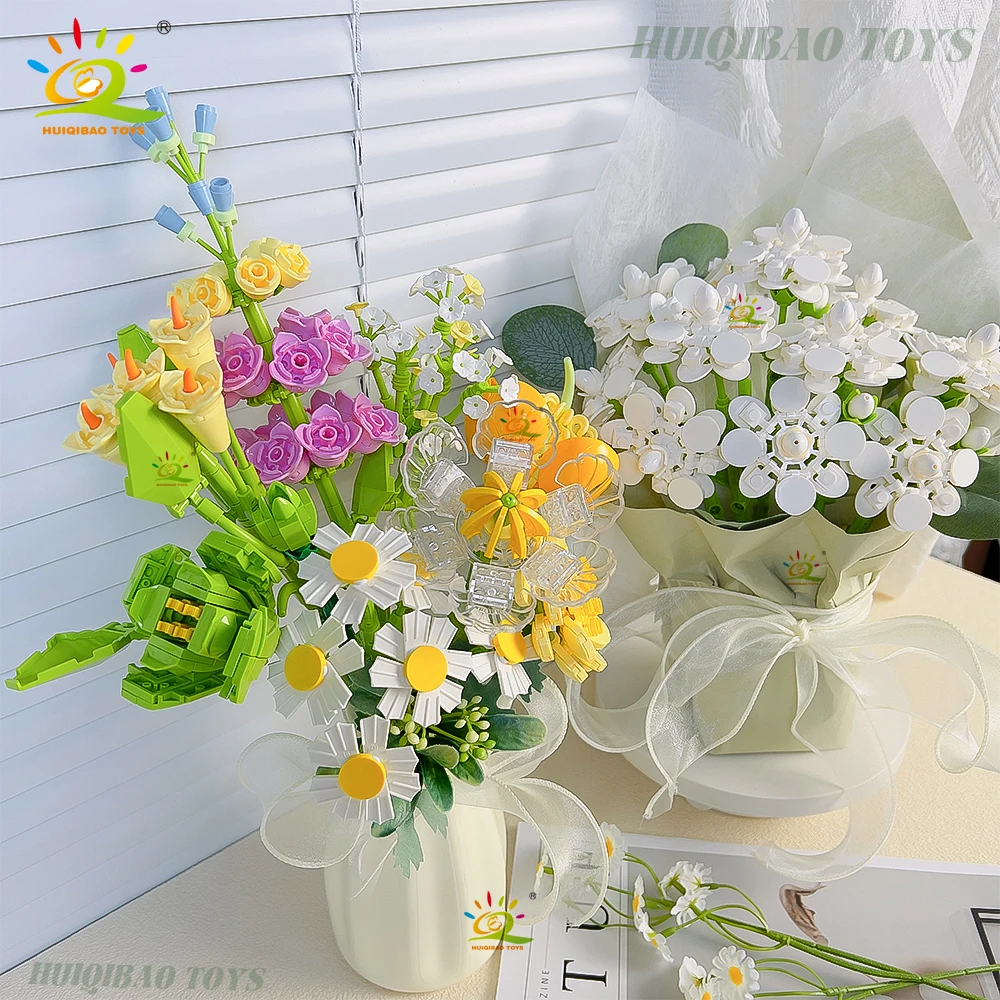 HUIQIBAO MOC Brautstrauß Bausteine Set Künstliche Blumen für Wohnkultur Neujahr Festival Geschenk Ziegel Kits Spielzeug Erwachsene