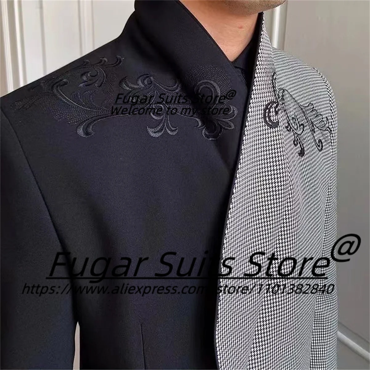 Latest-design Black Splice Elegant Suits For Men Slim Fit Shawl Lapel Groom Tuxedos 2 Pcs Sets Fashion Male Blazers Ropa Hombre