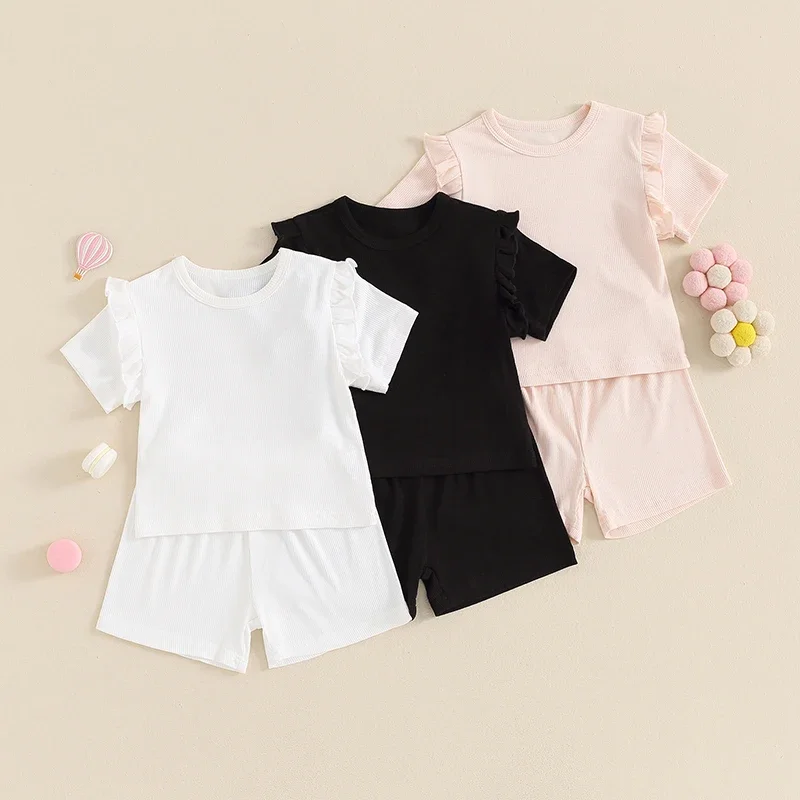 

0-18M Infant Baby Girls Summer Outfits Solid Color Ruffles Short Sleeve T-Shirt Tops Elastic Shorts Set Casual Toddler Clothes