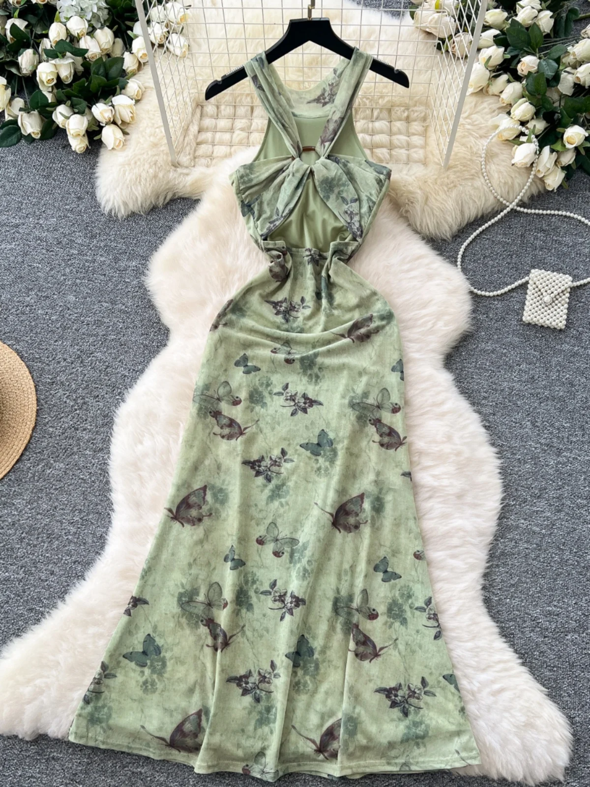 Ele Retro Chinese  Print ter Ne Slim Fit Svel Women's Dr Sexy Bal Mid-Length A-Line Gown